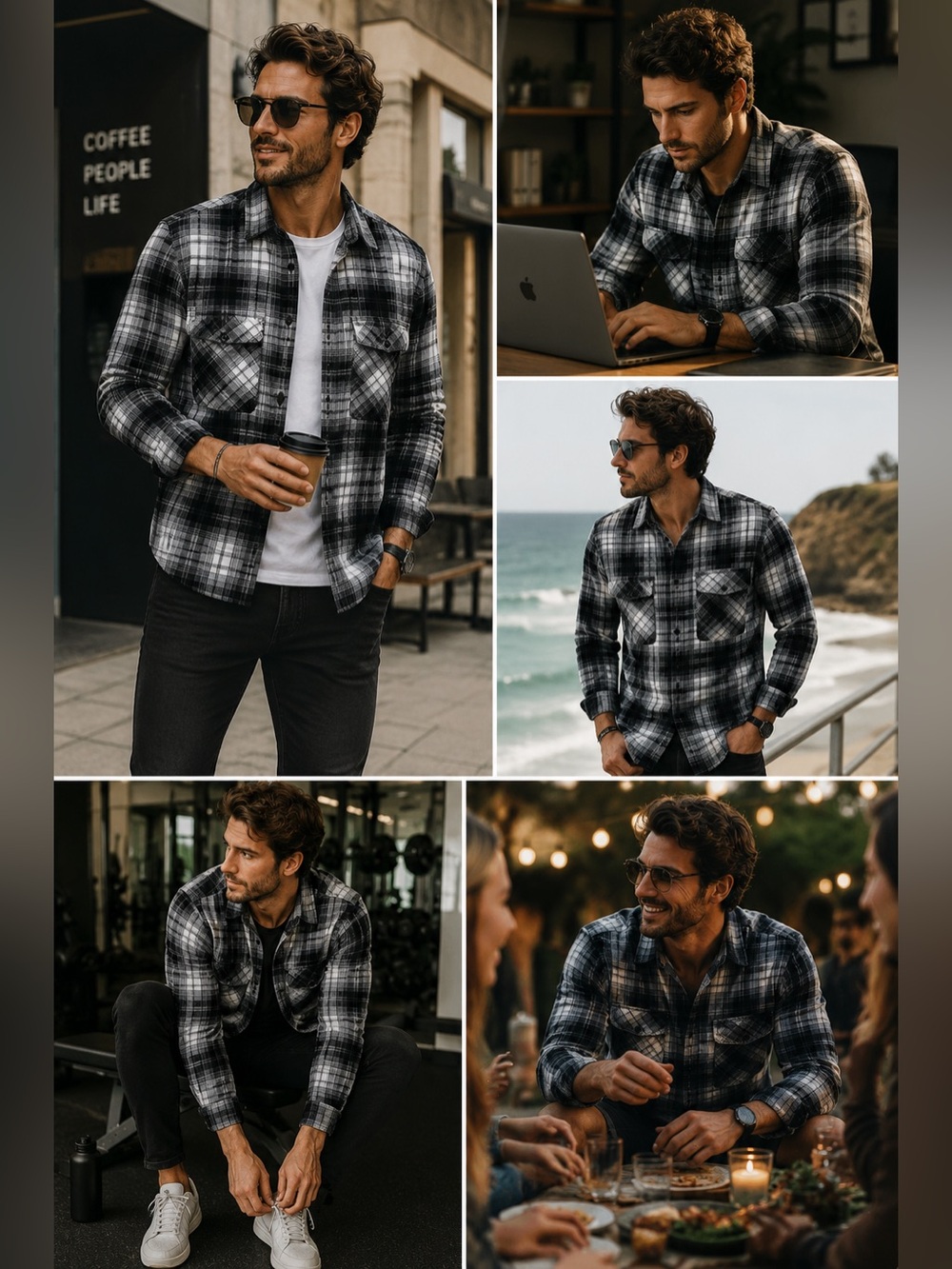 Lands' End Canvas Black and White Plaid Long-Sleeve Button-Down Flannel Shirt